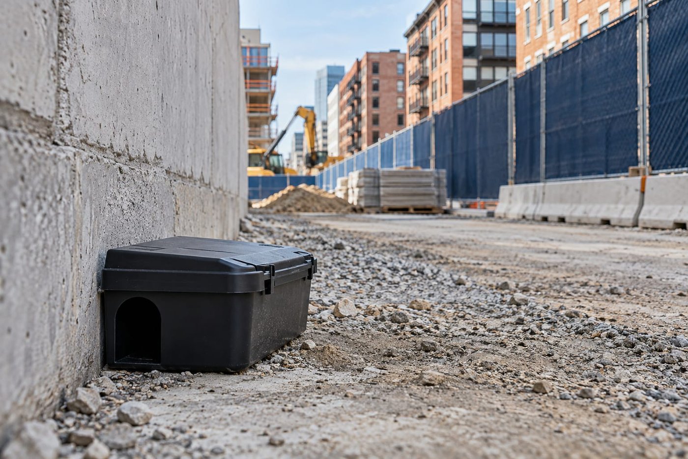 AI-generated illustration of a closed rodent bait station at a construction site perimeter