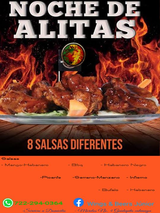 Alitas en 8 salsas diferentes - Comida y bebidas - Wings & Beers Júnior |  Calimaya