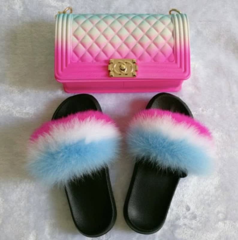 Furry slides best sale and purse