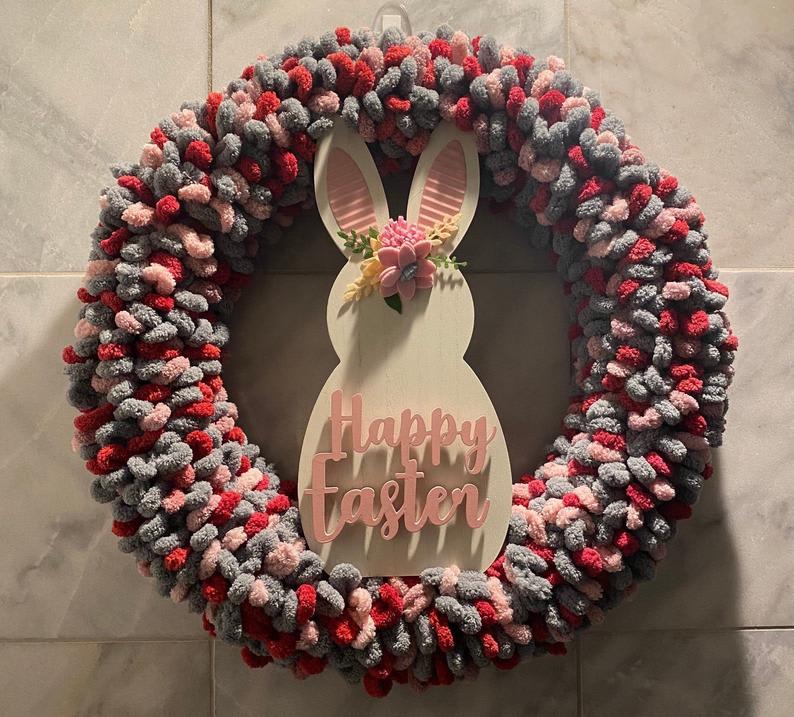 Easter Bunny Girl wreath made with loop yarn