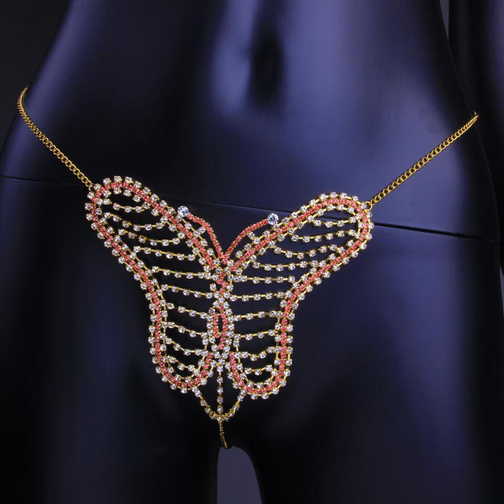 Women's butterfly Rhinestone Sexy Body Chain Thong Briefs