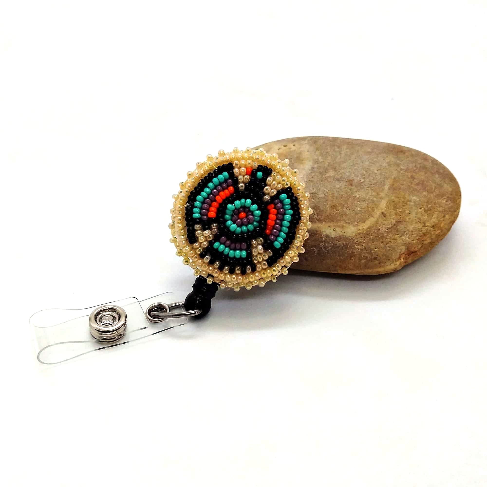 Copper Beaded Badge Reel, Native American Beaded Badge Holder