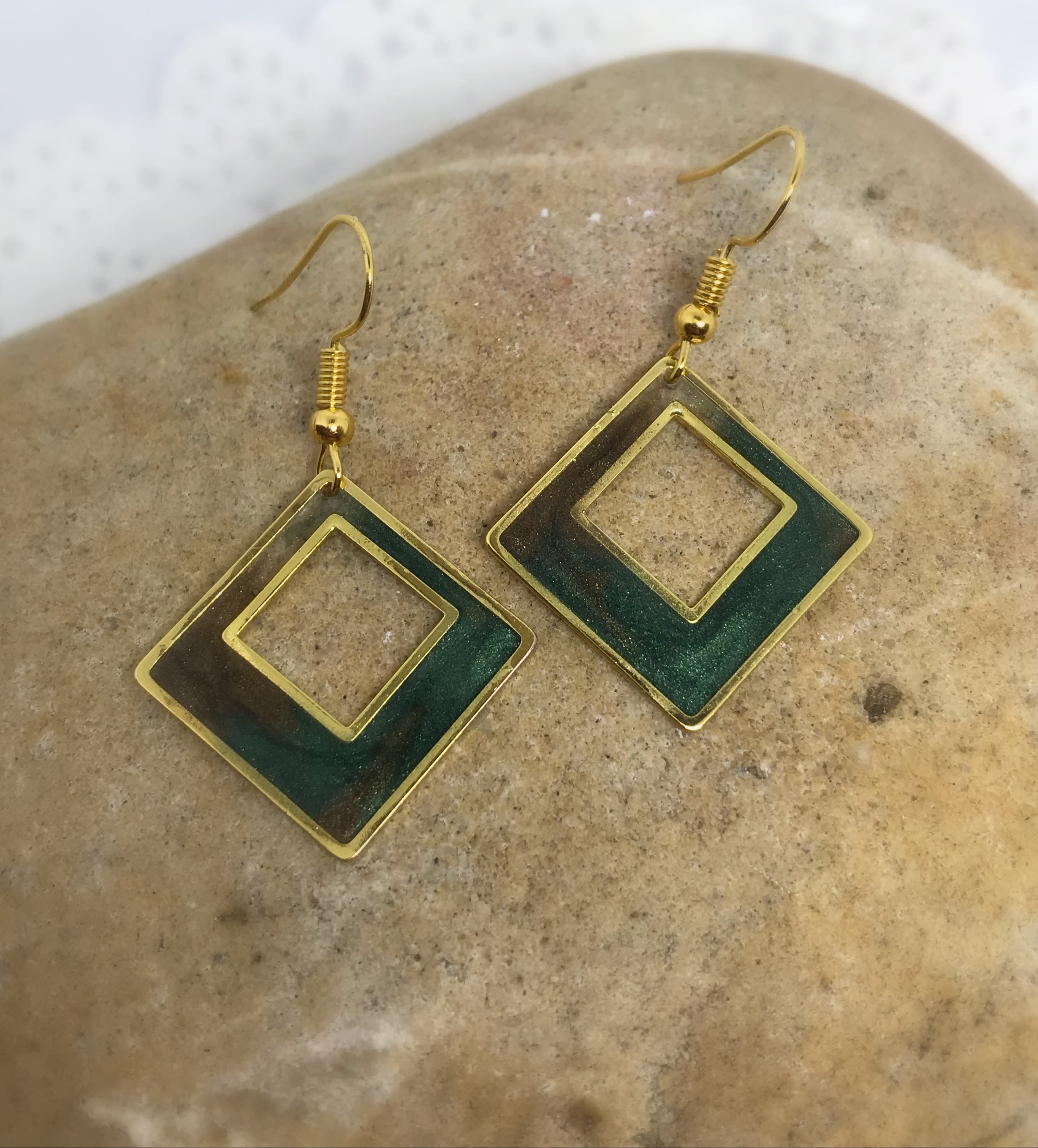 Hand Crafted, Jewelry, Green Gold Resin Earrings