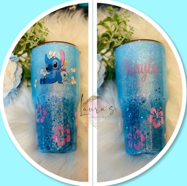 Stitch and Scrump Glitter Tumbler, Stitch Personalized Glitter Tumbler,  Custom Glitter Cup 