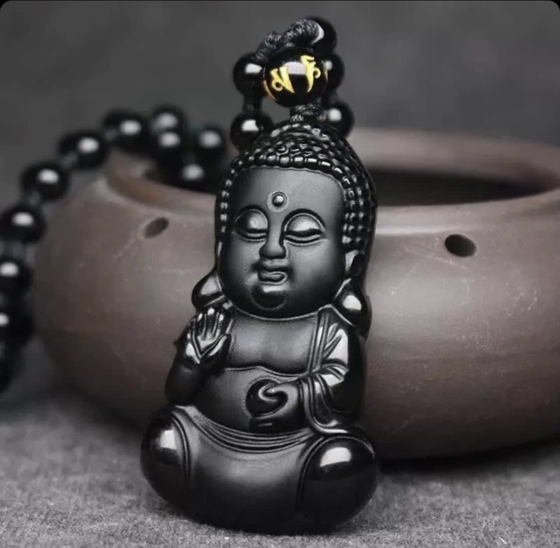 Unisex Black Obsidian Carved Buddha Face Pendant Necklace