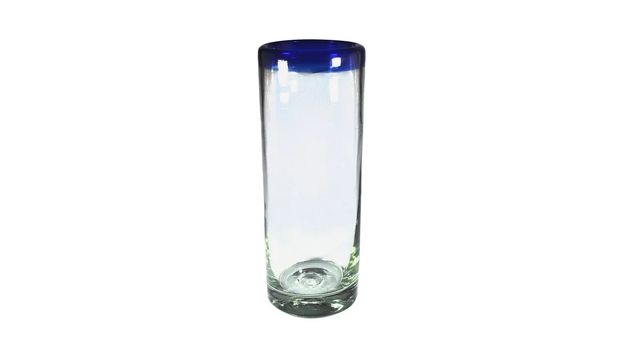 4 Hand Blown Art Glasses & Vase Green Blue Rim Tumbler Highball Juice 10oz 4”x3” 