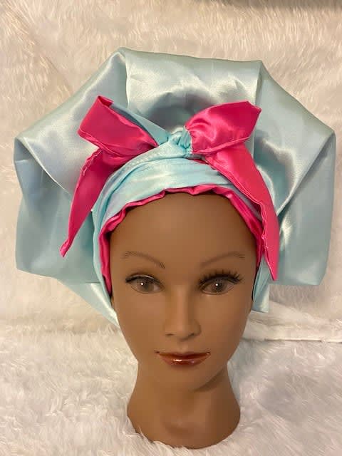 Mint Green & Hot Pink Reversible Satin Tie Bonnet - SATIN LINED TIE BONNETS  - Tierra J Designs - Sewing & Seamstress