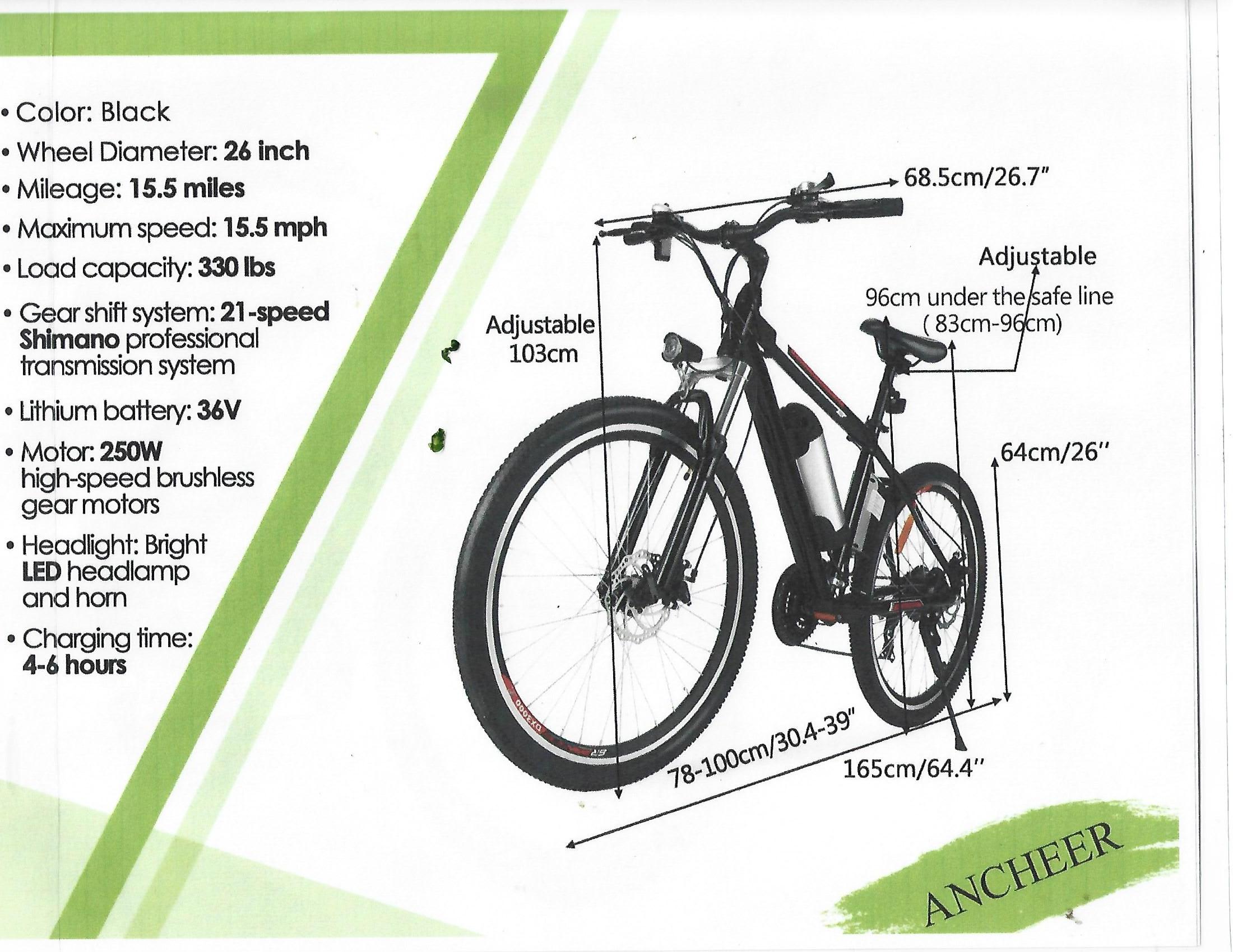 ANCHEER 26 Inch Wheel Electric Mountain Bike 250W with Removable 36V 8A