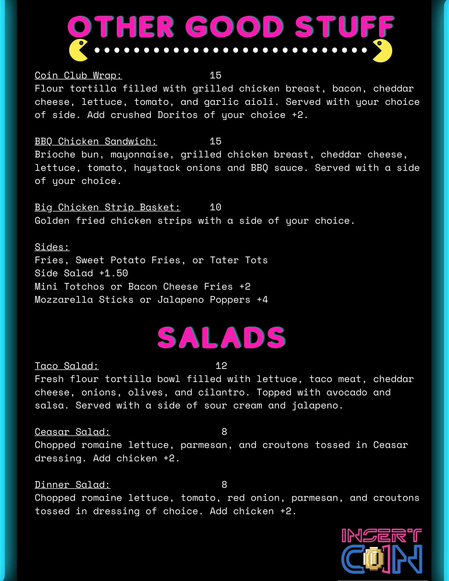 Other Good Stuff Menu Insert Coin Arcade & Bar Centralia