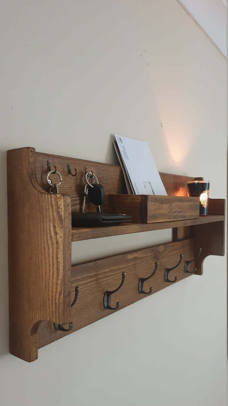 Rustic Reclaimed Coat Rack with Shelf and Key Hooks, Wooden Coat Rack,  house gift