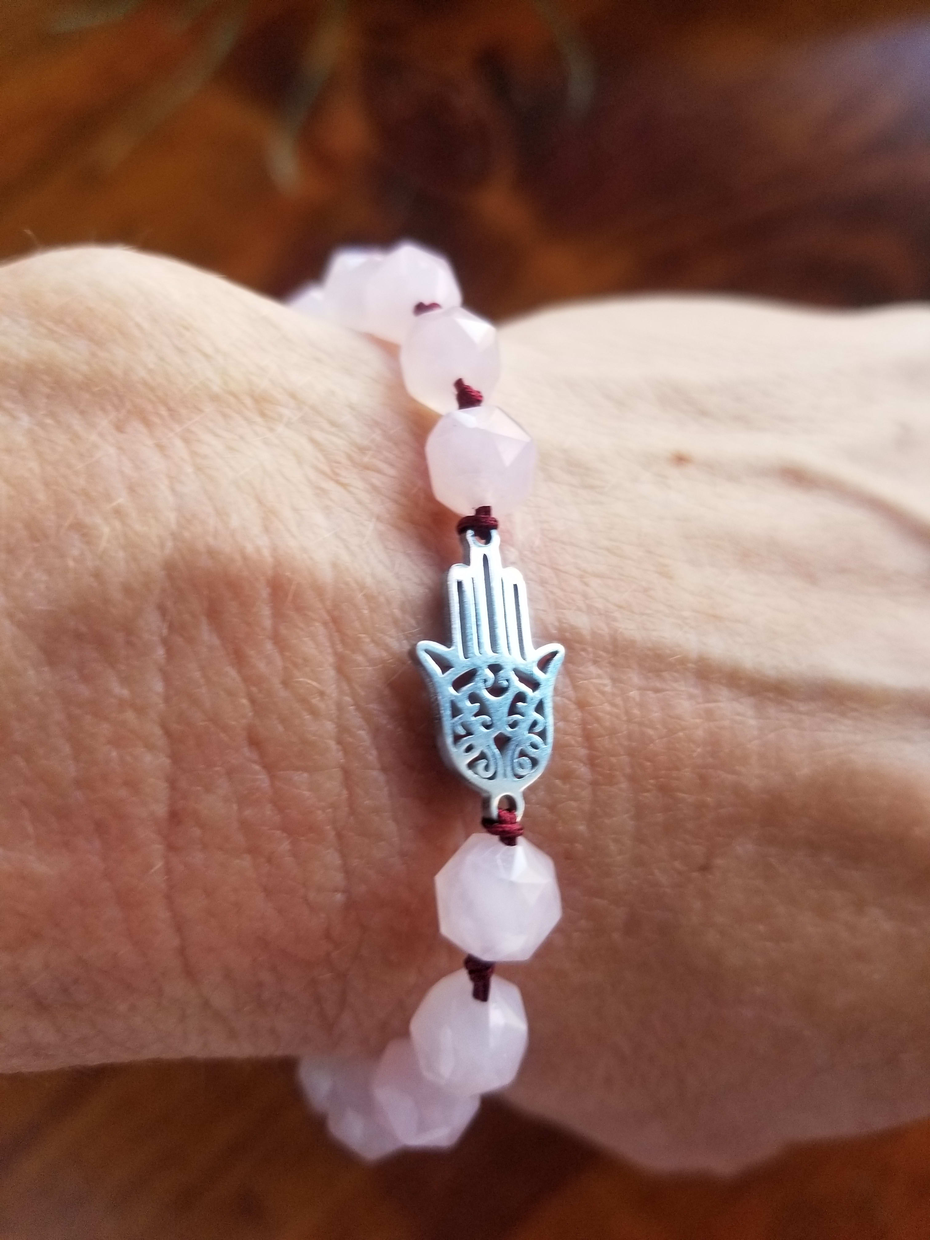 Rose Quartz with Hamsa Charm Adjustable 460 - Mala Bracelets - Earth's  Energy Jewelry