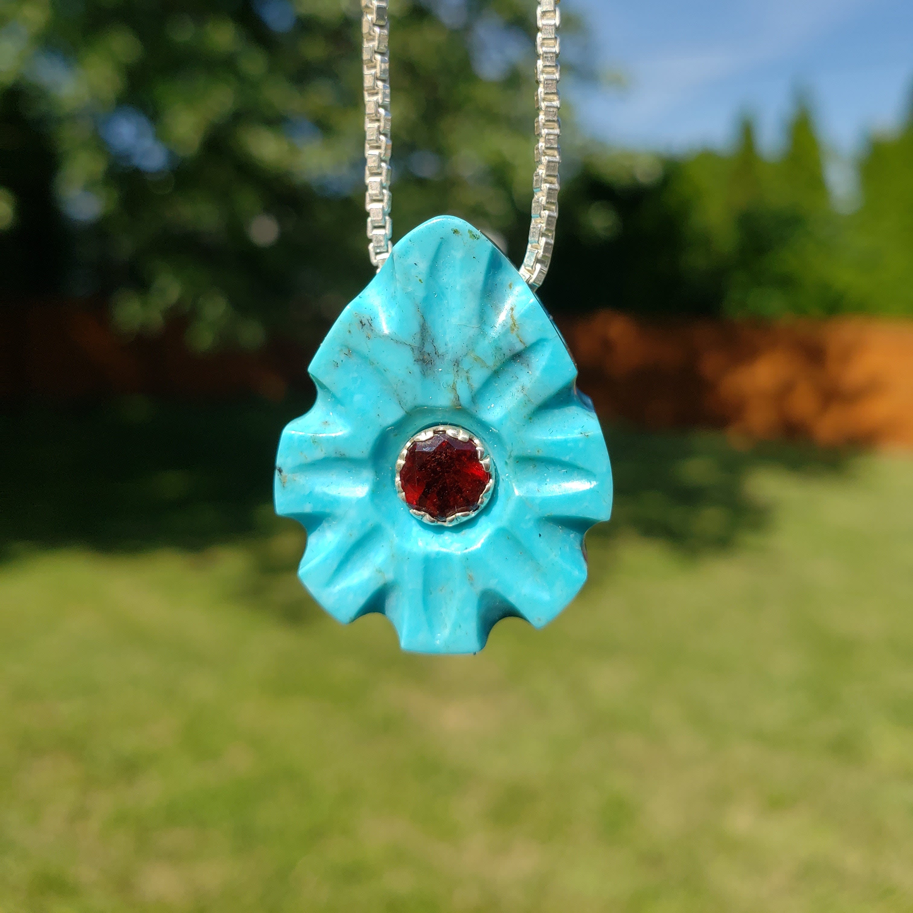 Kingman Spaceship! Carved turquoise pendant with garnet - Handmade Jewelry  - Heart on Sleeve Jewelry | Handmade Jewelry and Gemstones in Rochester