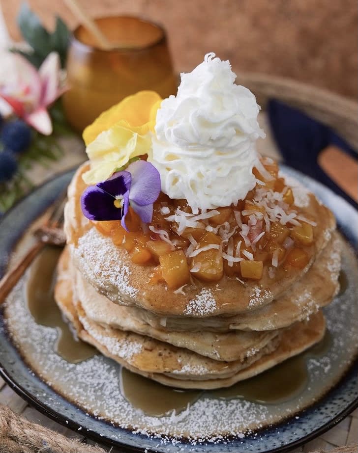 Pineapple Upside Down Pancakes Stack - Surf N' Sunrise - Aloha Sol Hawaiian  | Hawaiian Restaurant & Bakery in Vista