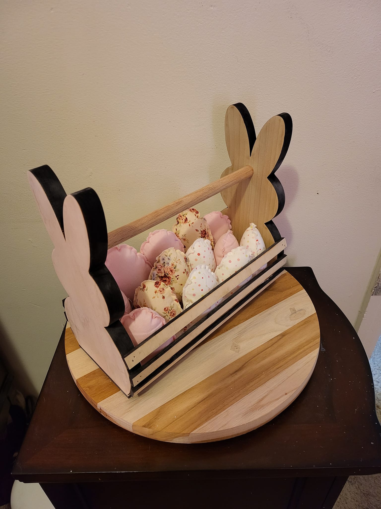 Wooden Easter Basket, Personalized Name, Bunny Baskets, Fabric Stuffed Eggs, DIY