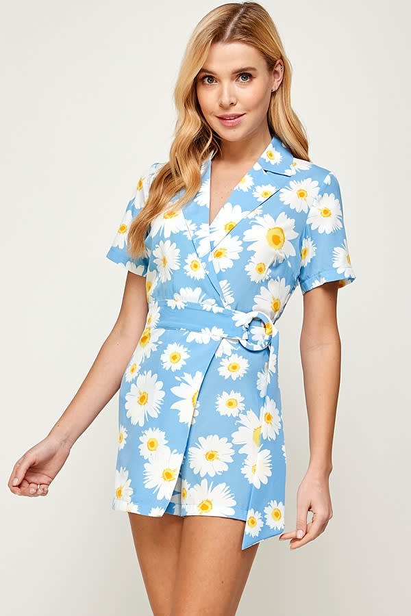 Printed Short Sleeve Romper with Wrap 