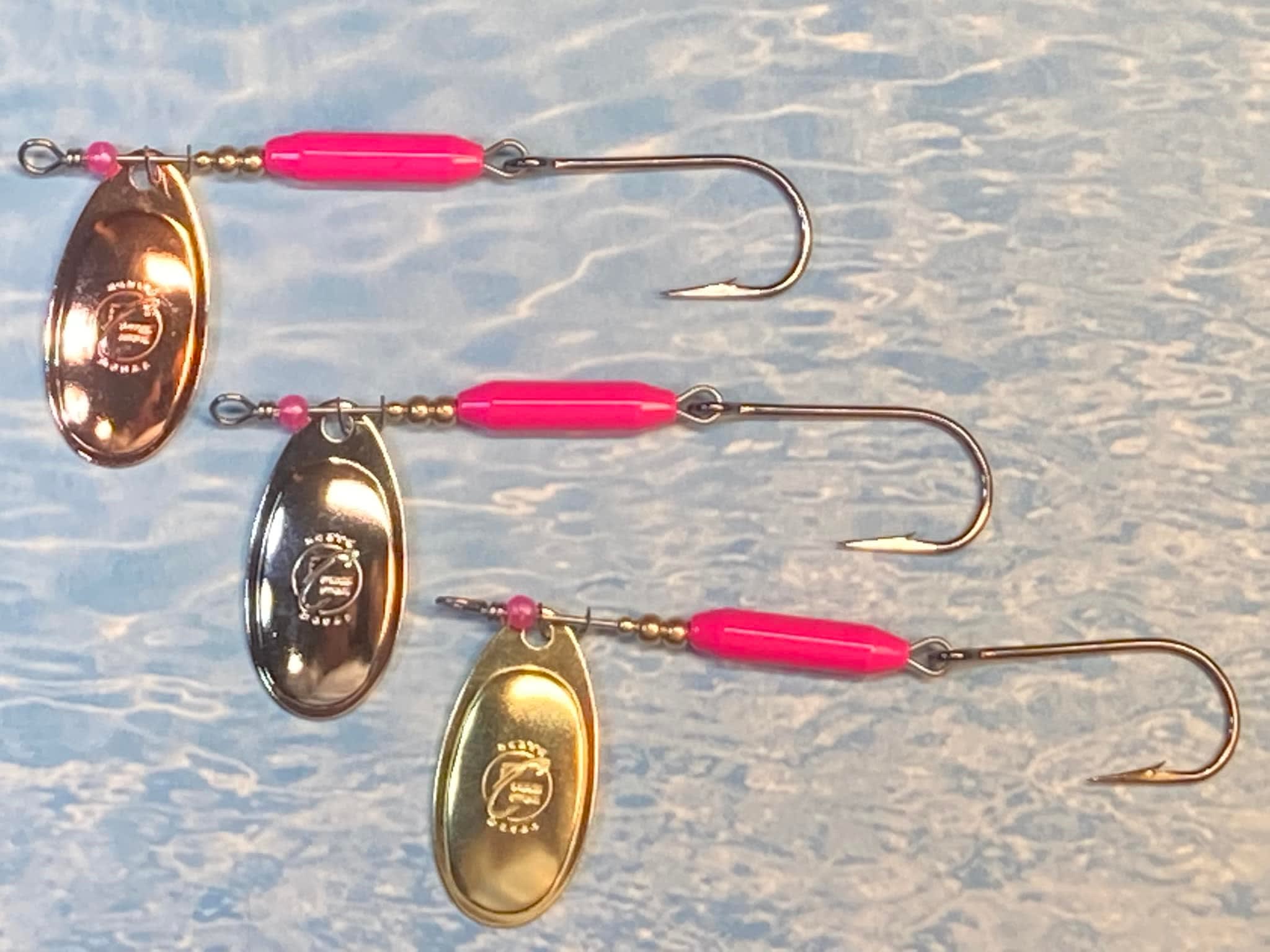 Orange on Silver/Scale Brass - Savage Micro Squid Spinners. - Kokanee and  Trout - Savage Micro Shrimp Spinners - Savage Strike Spinners