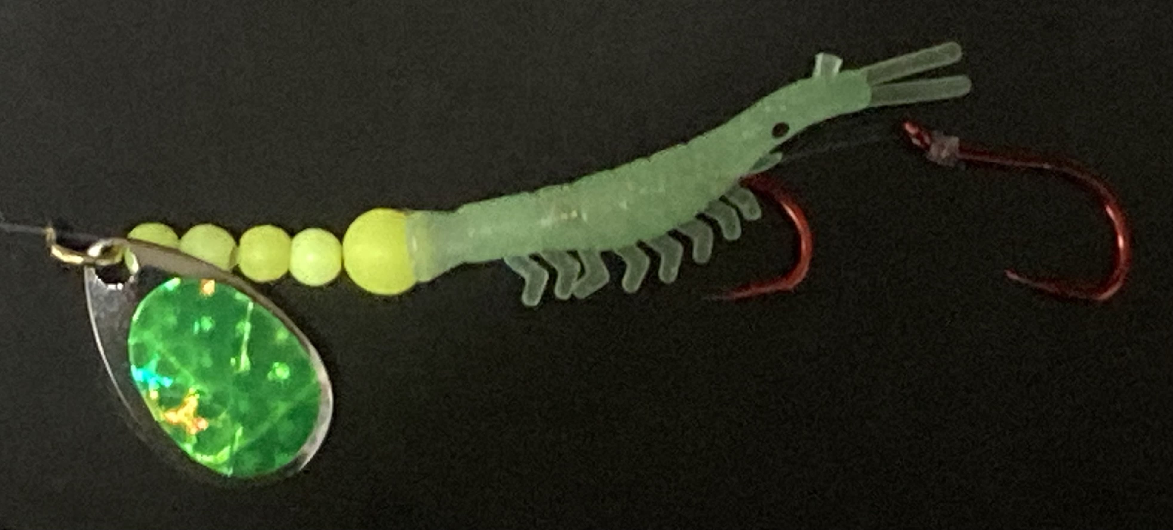 Glow in the Dark Chartreuse on Nickel Green - Savage Micro Shrimp