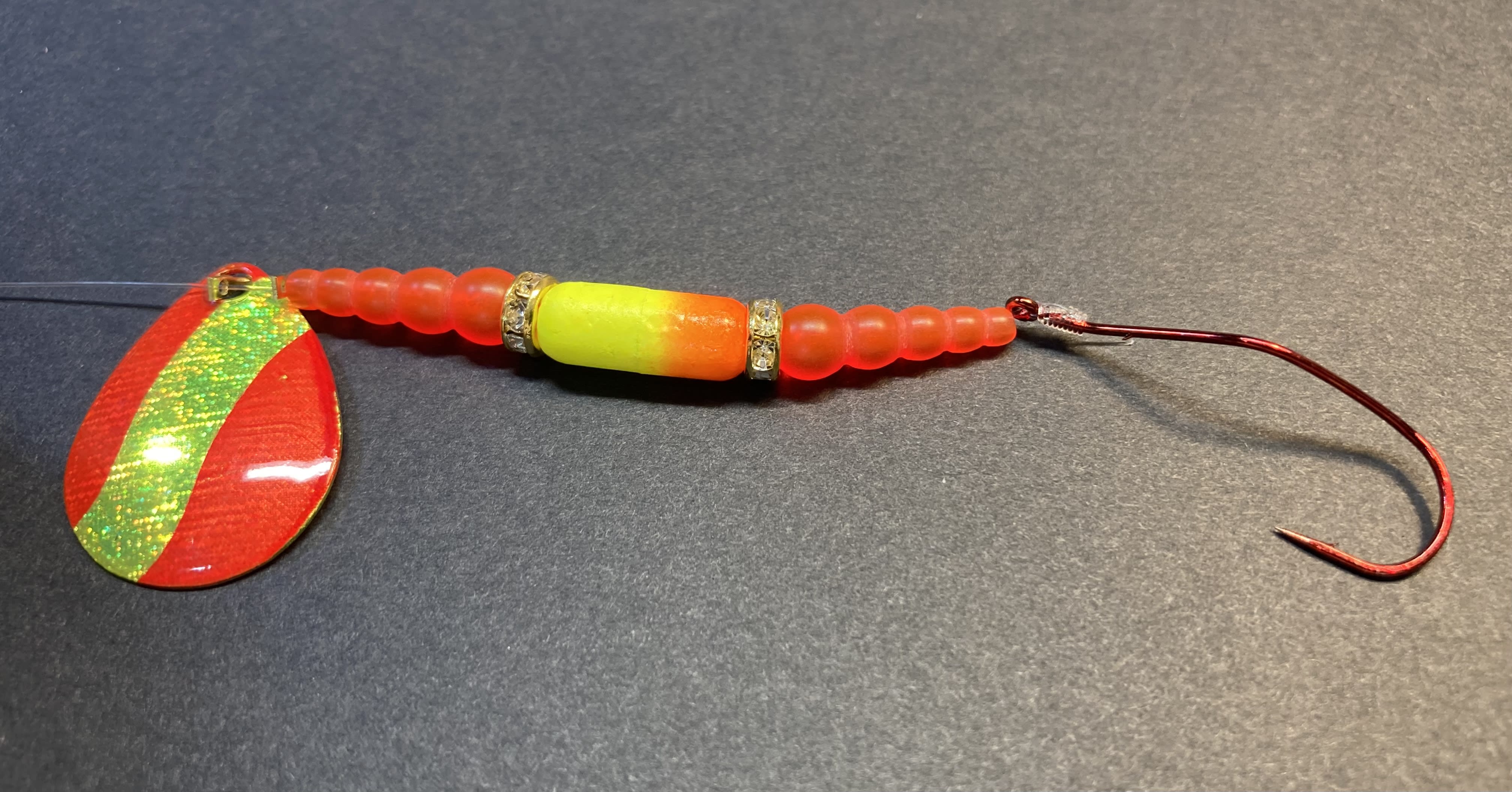 Size 3.0 - Orange Slash - Jeweled Corkscrew - Slow Death - Walleye Spinner  & Worm Harness