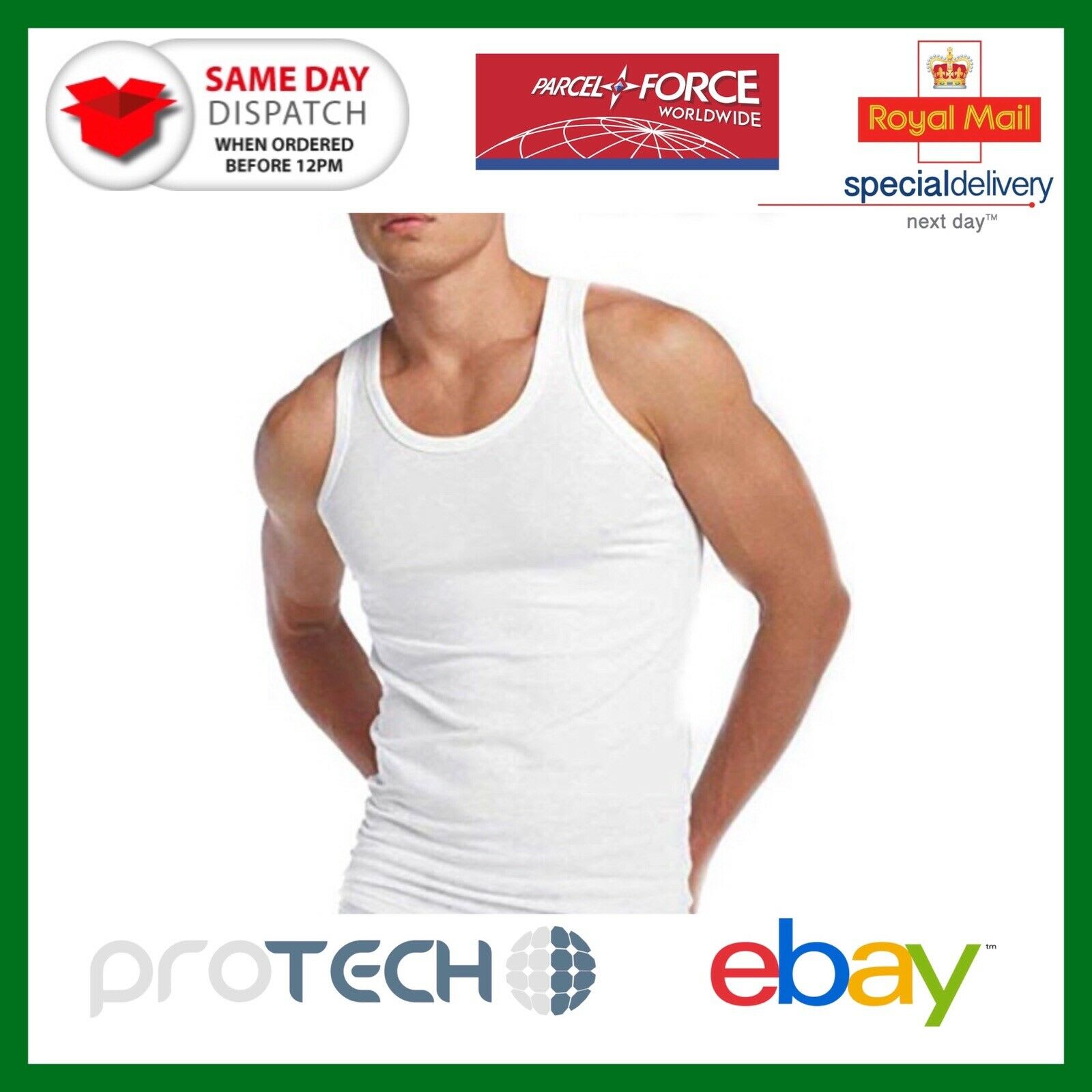 New Men's White Vest - 2 Value Pack Plain Top - Size S - 100% Cotton -  ProTech