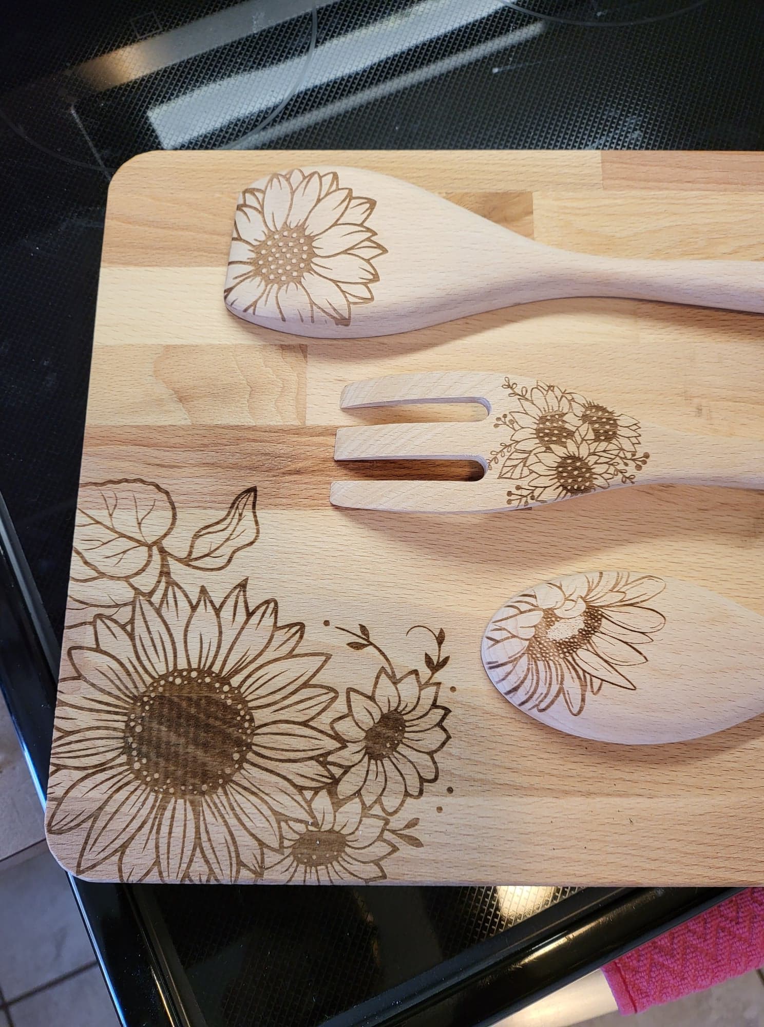Sunflower Themed Cutting Board and Utensils 4 piece set
