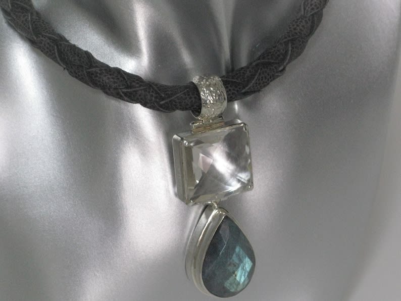 Sterling Silver 925 Labradorite Crystal Quartz Double