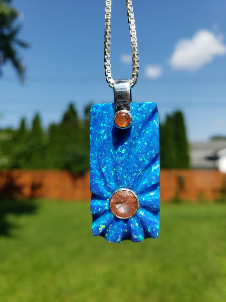 Sun Burst- blue opal and sunstone pendant - Handmade Jewelry