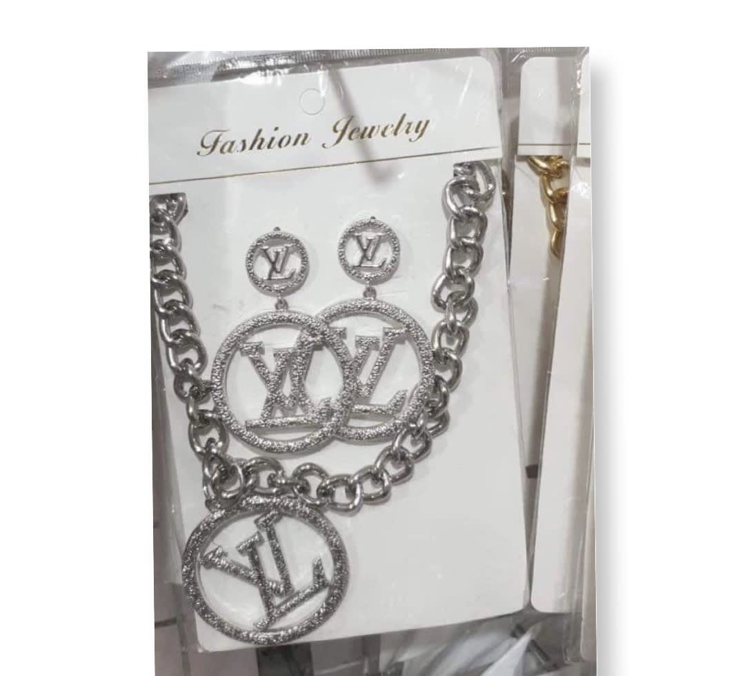 Silver LV Necklace and Earring set - Designer Inspired Necklaces - The  Bling Store