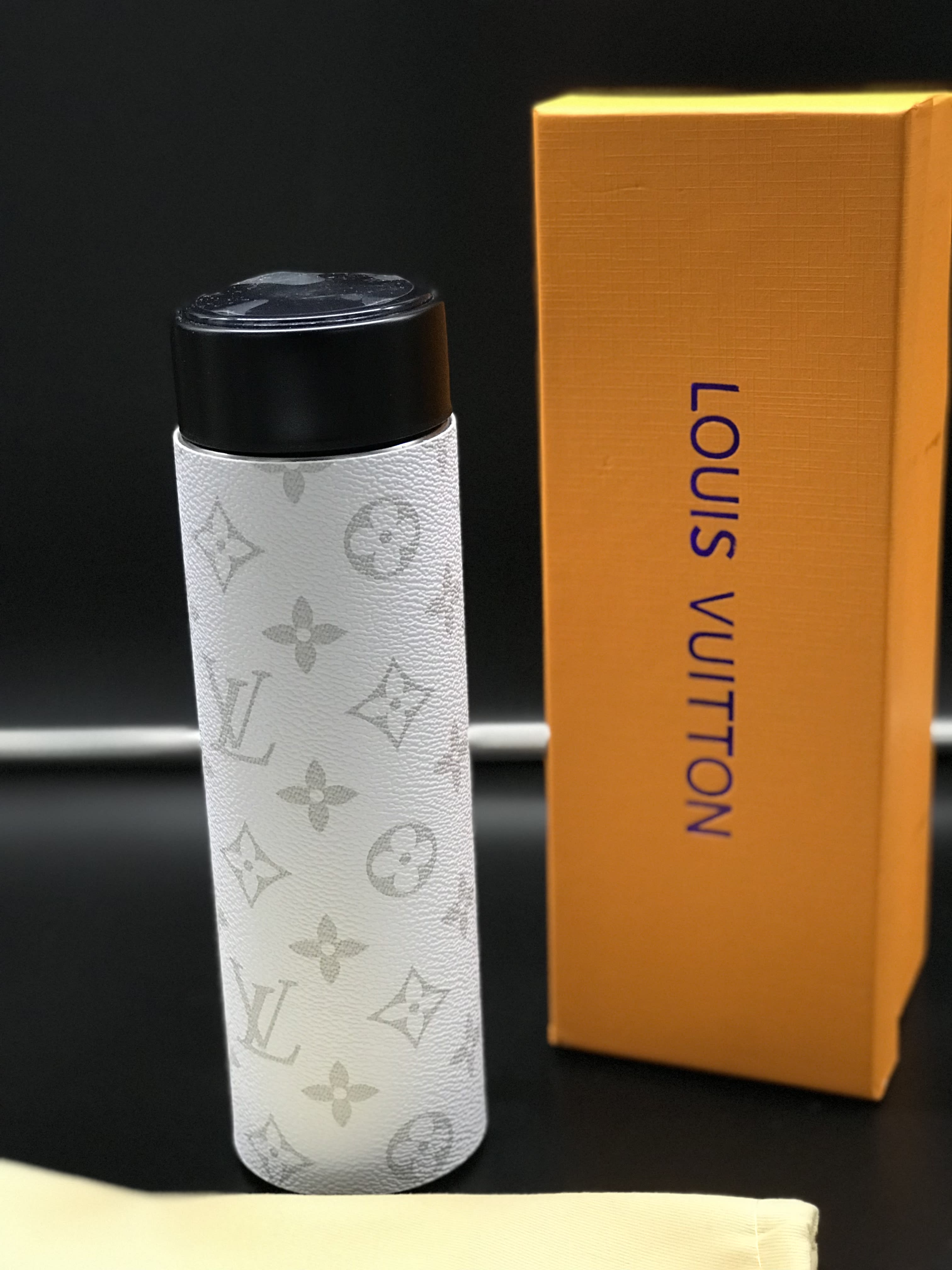 Lv inspired matte black water bottle