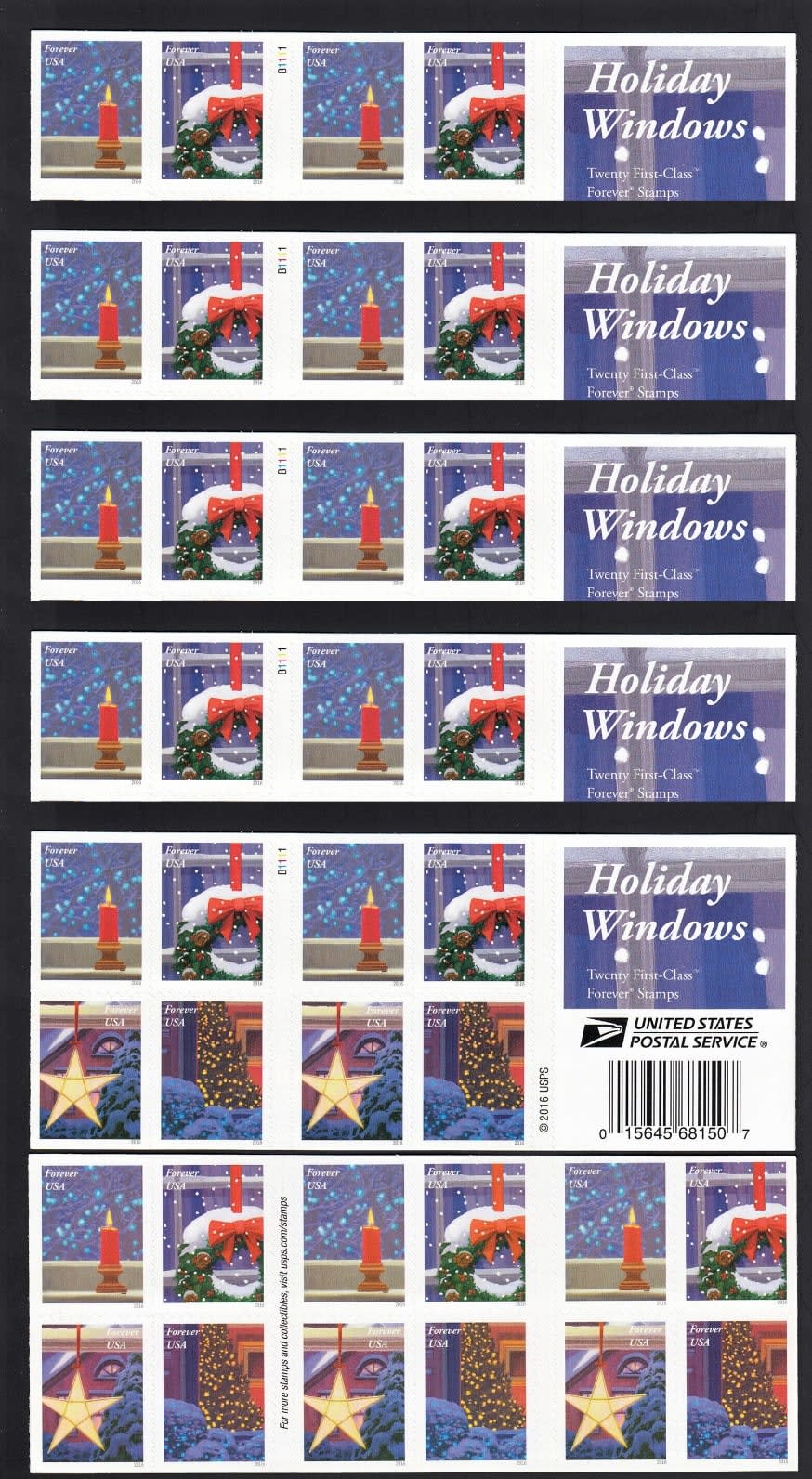  Estampillas Holiday Windows Forever de USPS, libro de
