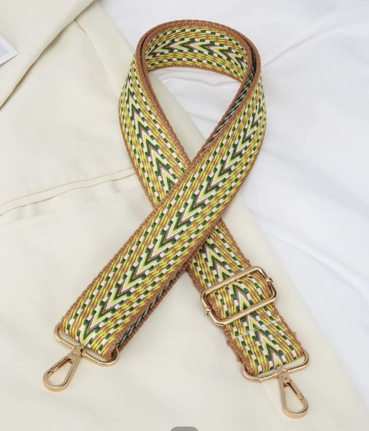 GREEN GOLD WHITE AND TAN PURSE STRAP