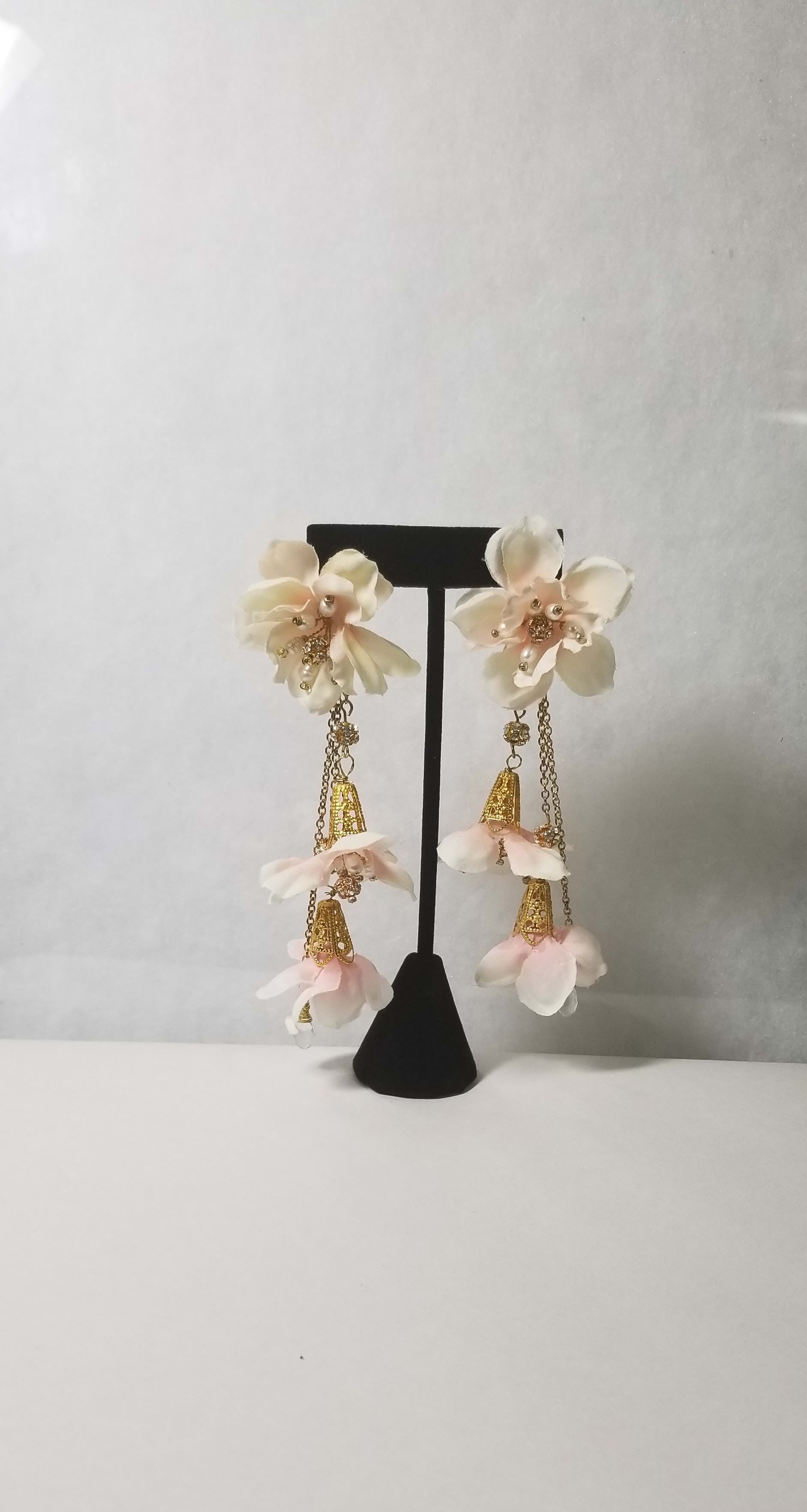 Bridal flower, crystal and pearl earrings - Cherry blossom drop earrings -  Style #2159