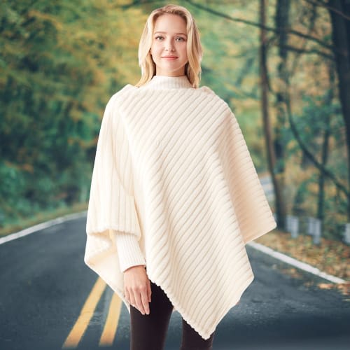 Solid Vertical Stripe Faux Fur Poncho - Pullover Ponchos - With Lisa Women's Fashion Accessories - Lake Grove
