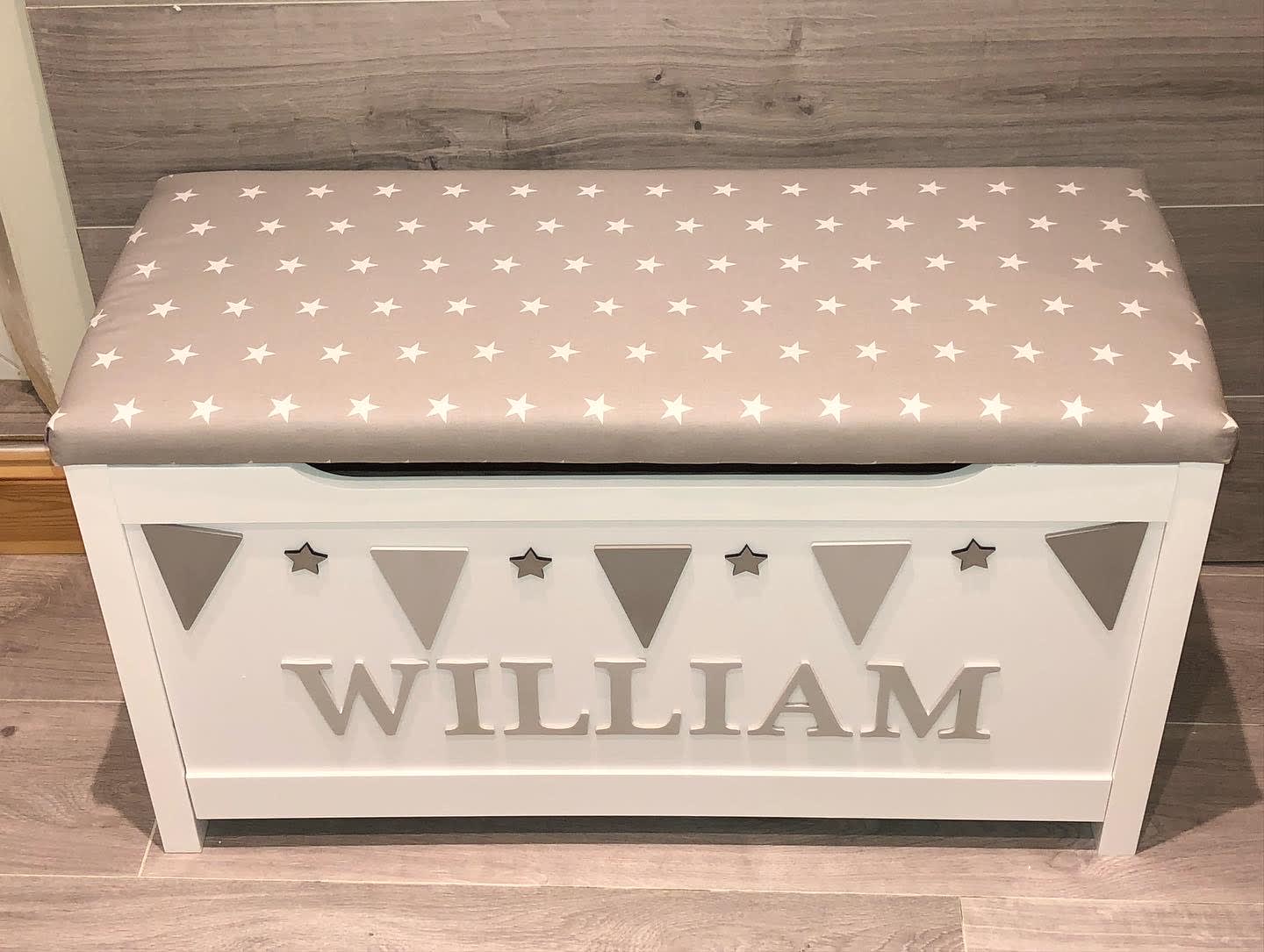 Personalised toy box with cushion deals top