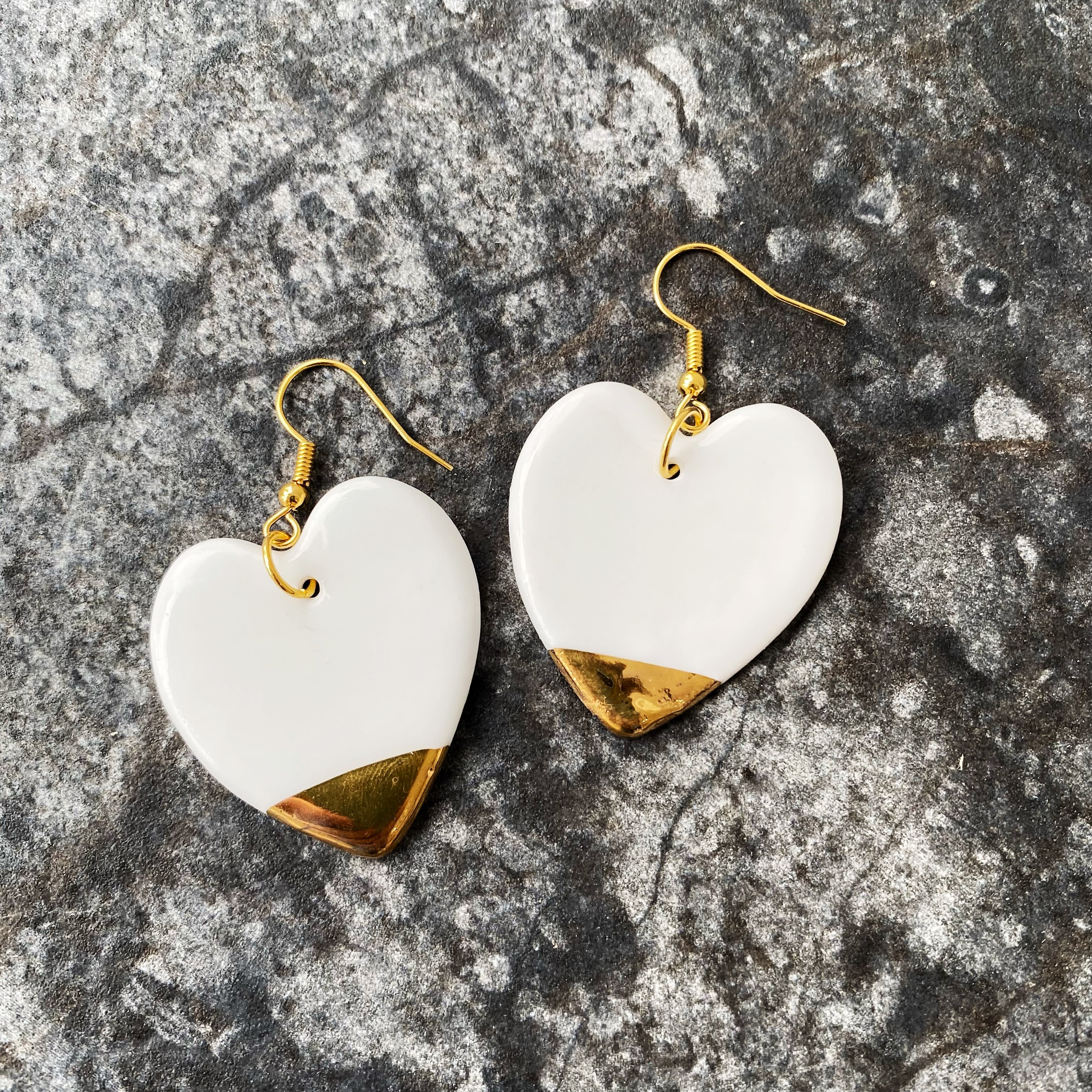 Heart Shaped Dangly Earrings With Gold Tip Jewellery Kina Ceramics Ceramic Shop In Oxford