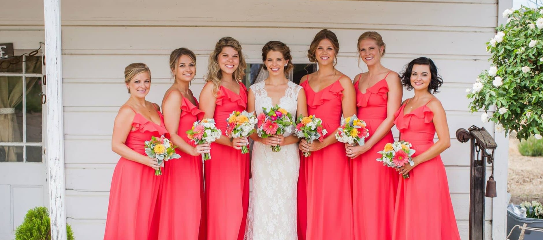 blue green bridesmaid dresses Bright Coral Pink Beaded Detail Princess Gown – Masha&Jlynn main image 0
