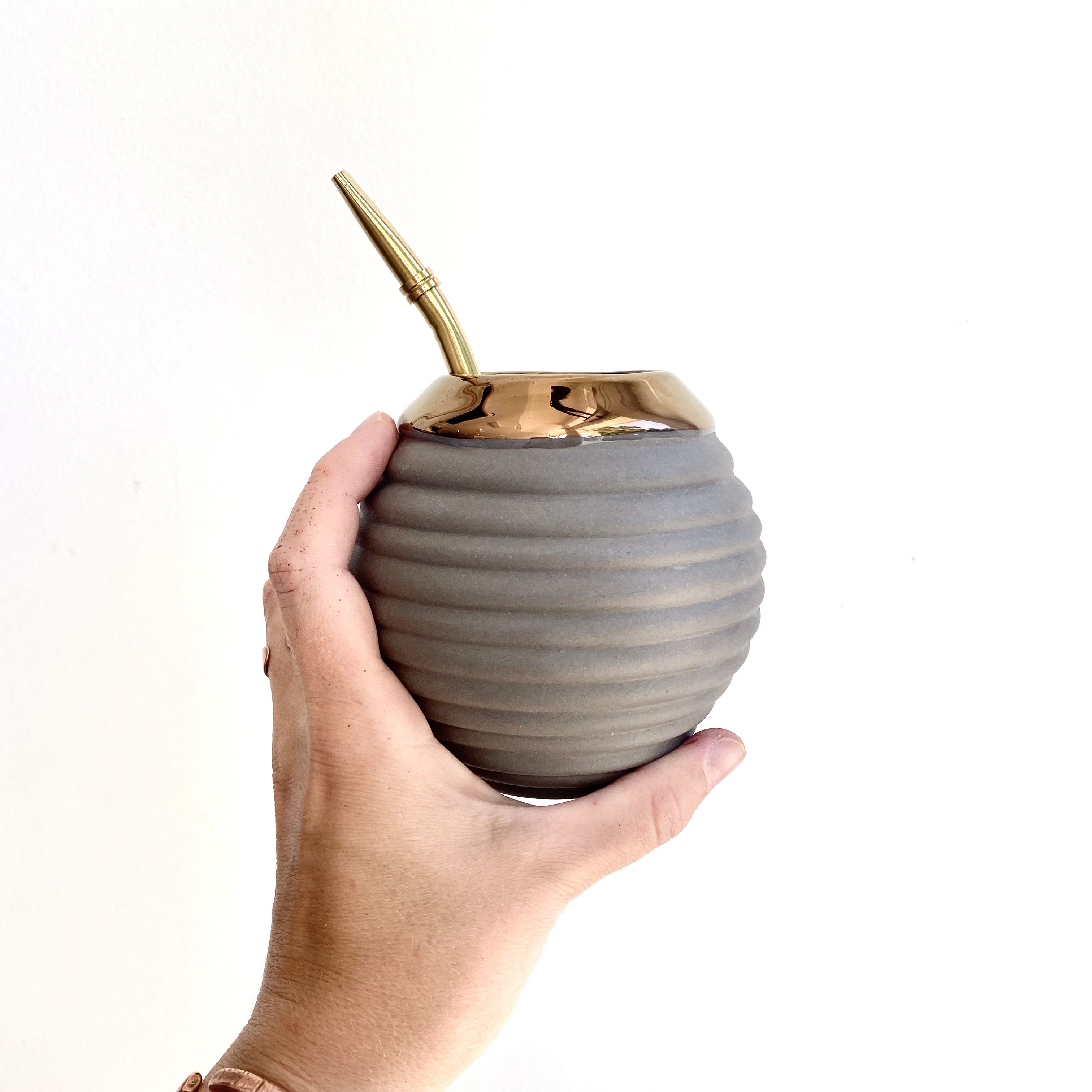 Grey Mate Mug with Copper Rim Yerba Mate Mugs Kina Ceramics