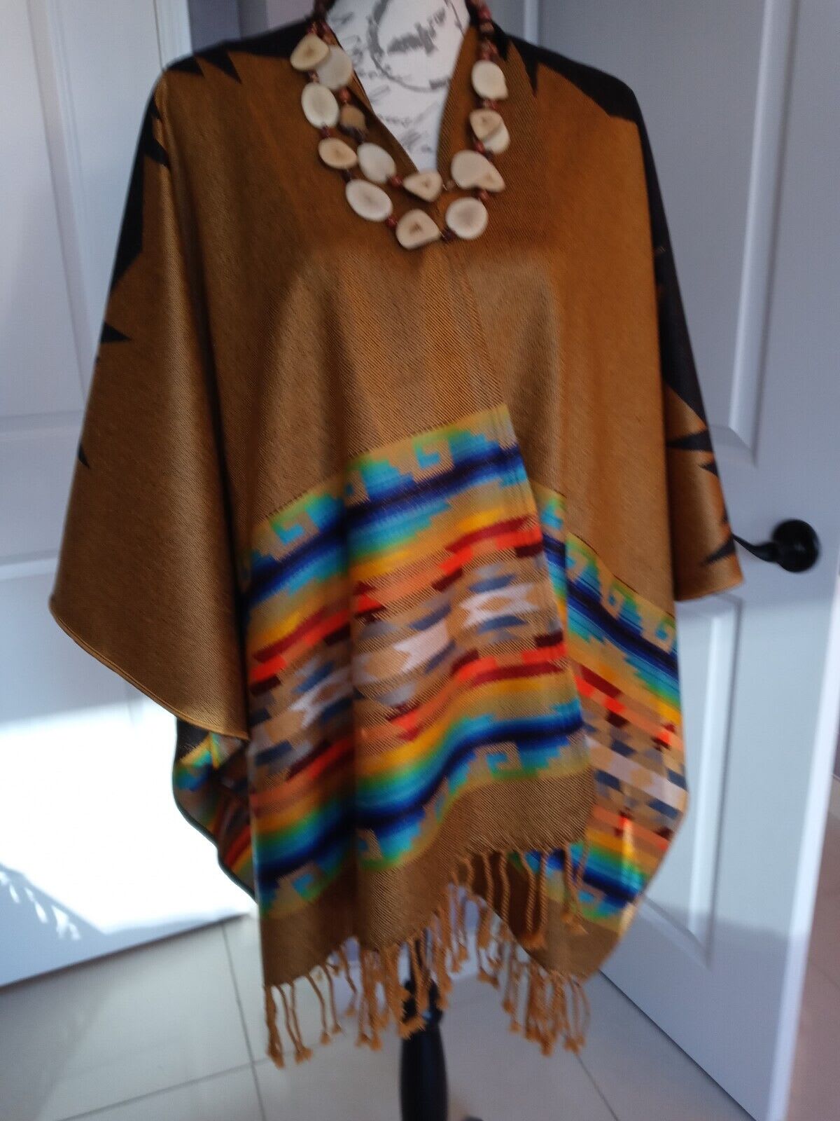 Artisanal Andean Poncho Unisex One Size REVERSIBLE Mustard Yellow Black  Fringe