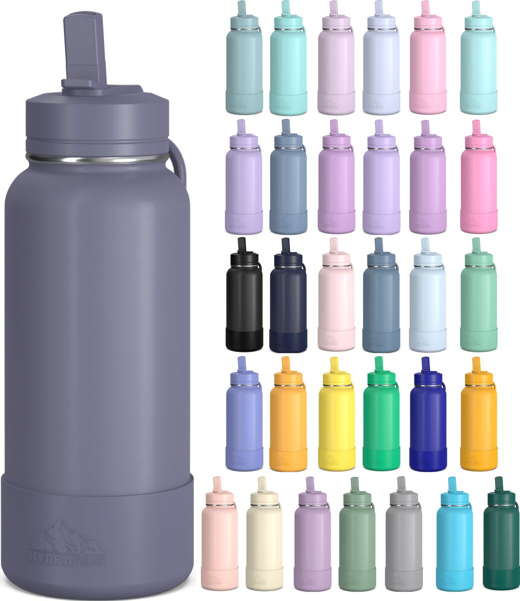 Hydrapeak 32oz Stainless Steel Lilac Water Bottle with 3 interchangeable  lids and 2 reusable straws : : Sporting Goods