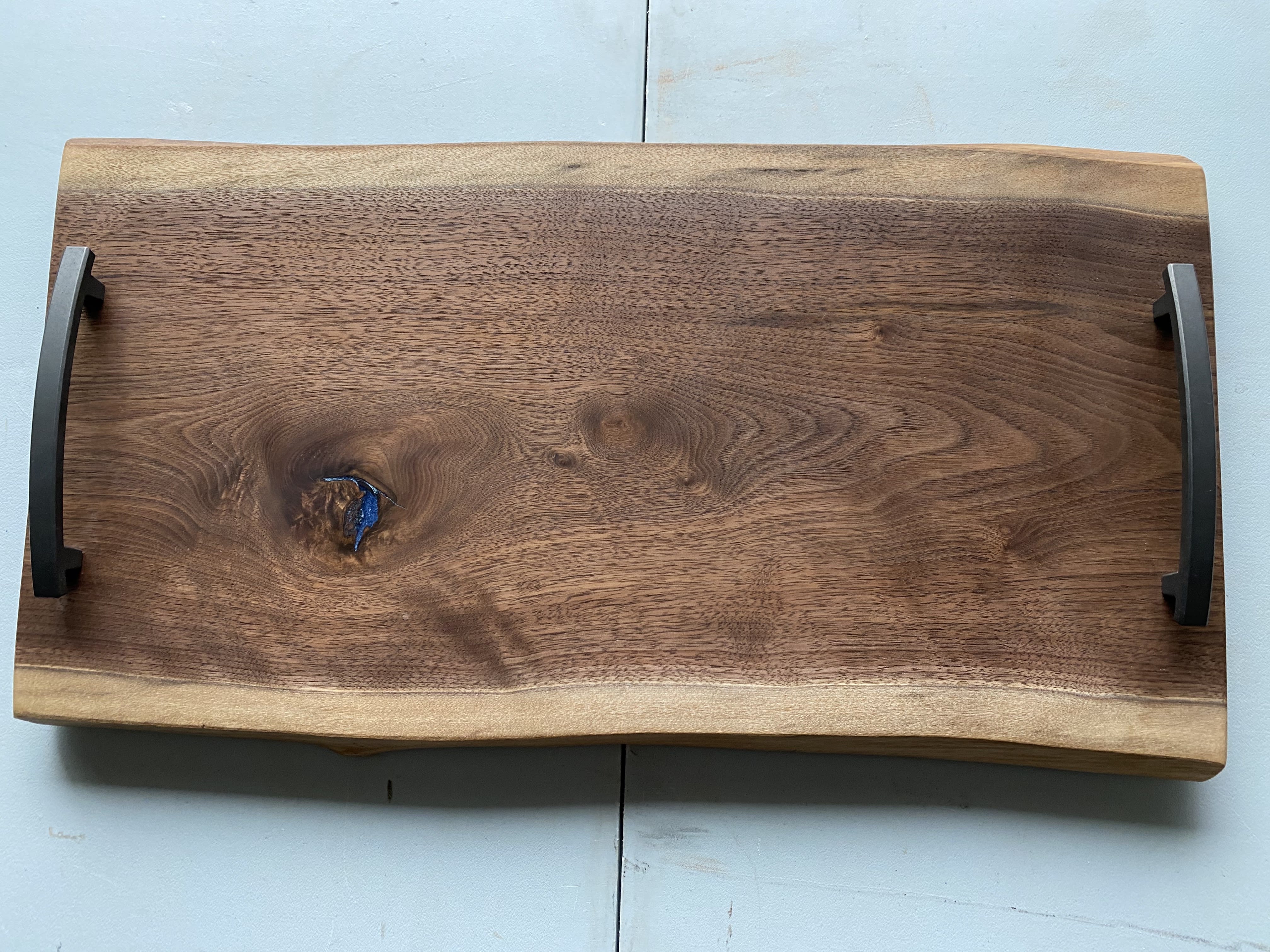 Large live edge walnut charcuterie board with handles