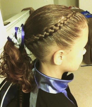 Shoulder length gymnastics hair with colorful rubber hair-ties pulled back  in an intricate ponytail. | Gymnastics hair, Hair styles 2014, Hair