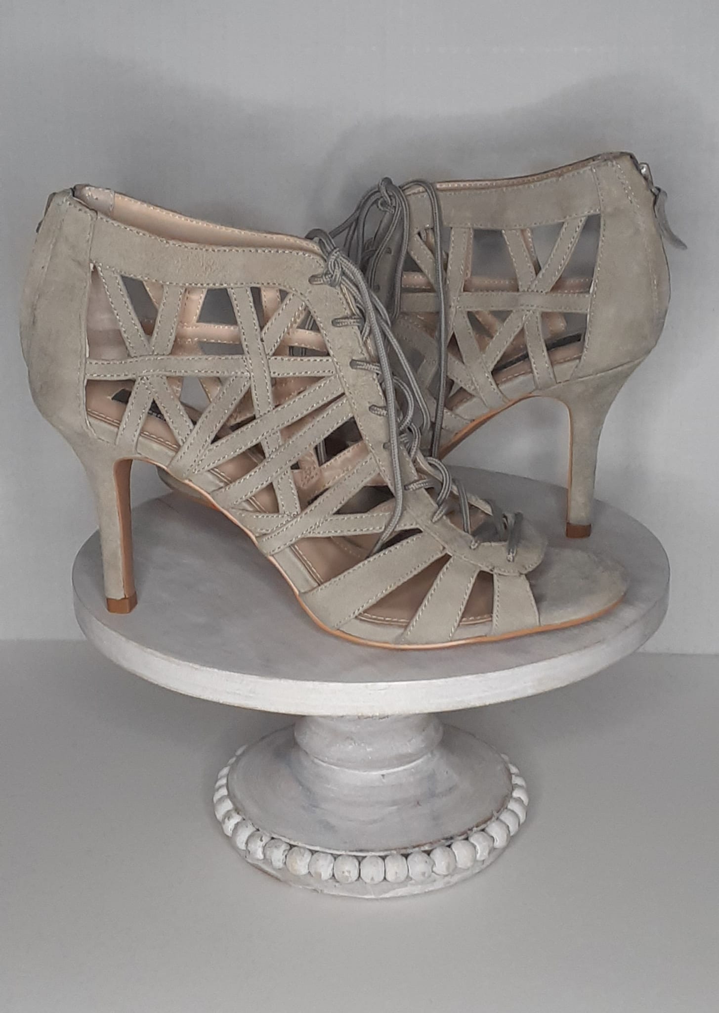 Gray by Saks Fifth Avenue lace up suede gladiator heel sandals