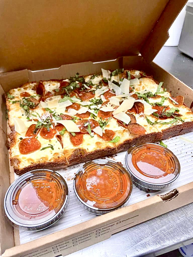 Detroit style pizza Specialty Pizza Tony’s Pizza Bros Pizzeria
