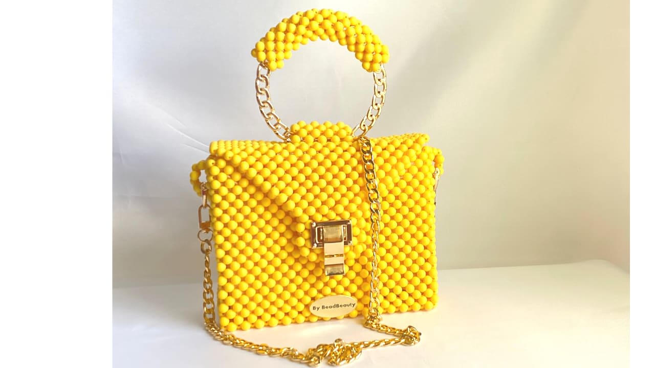 Chain Metal Ring Handle Ceramic Beads Bucket Purse Bags - Yellow