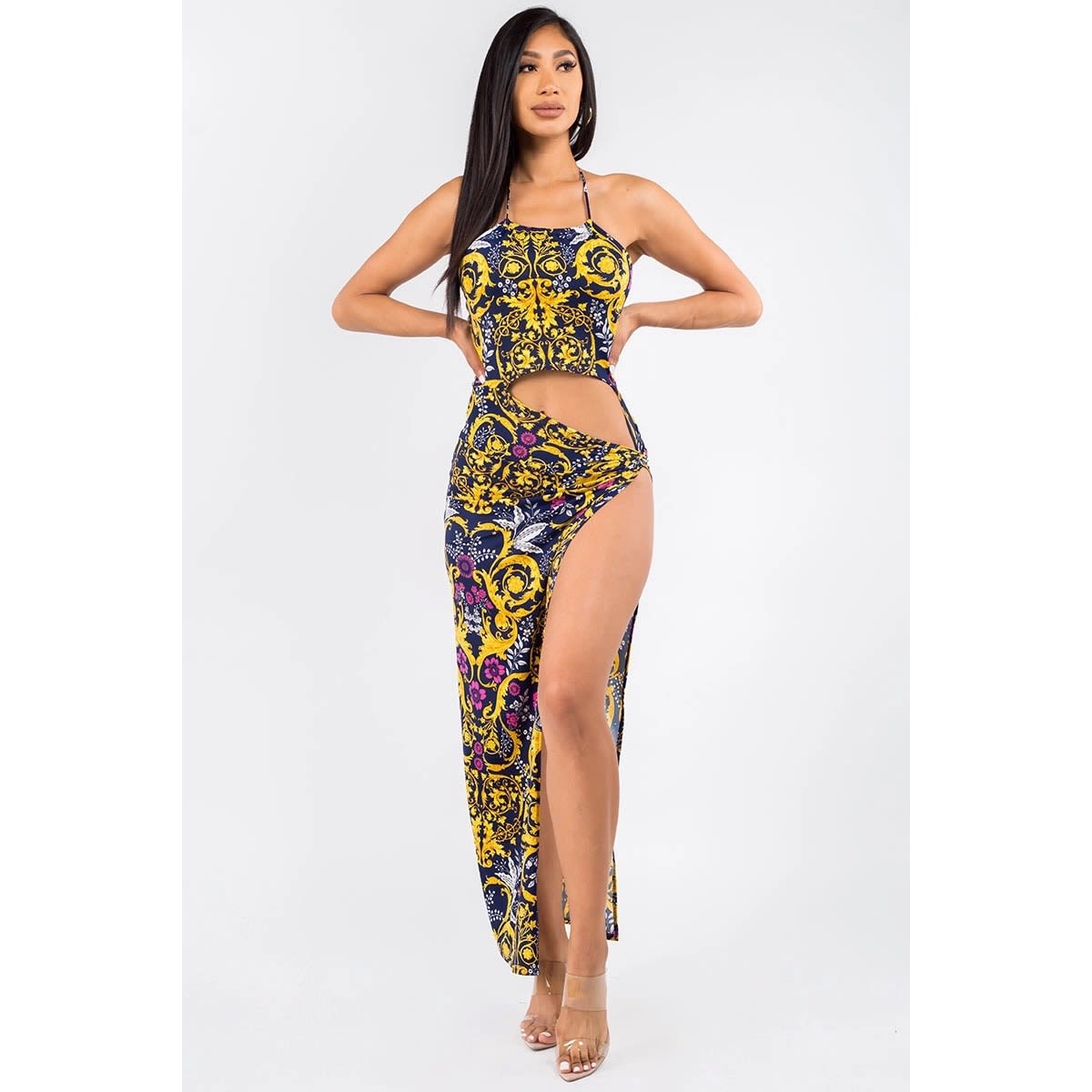 Kyveli Diamond Cutout Slit Maxi Dress