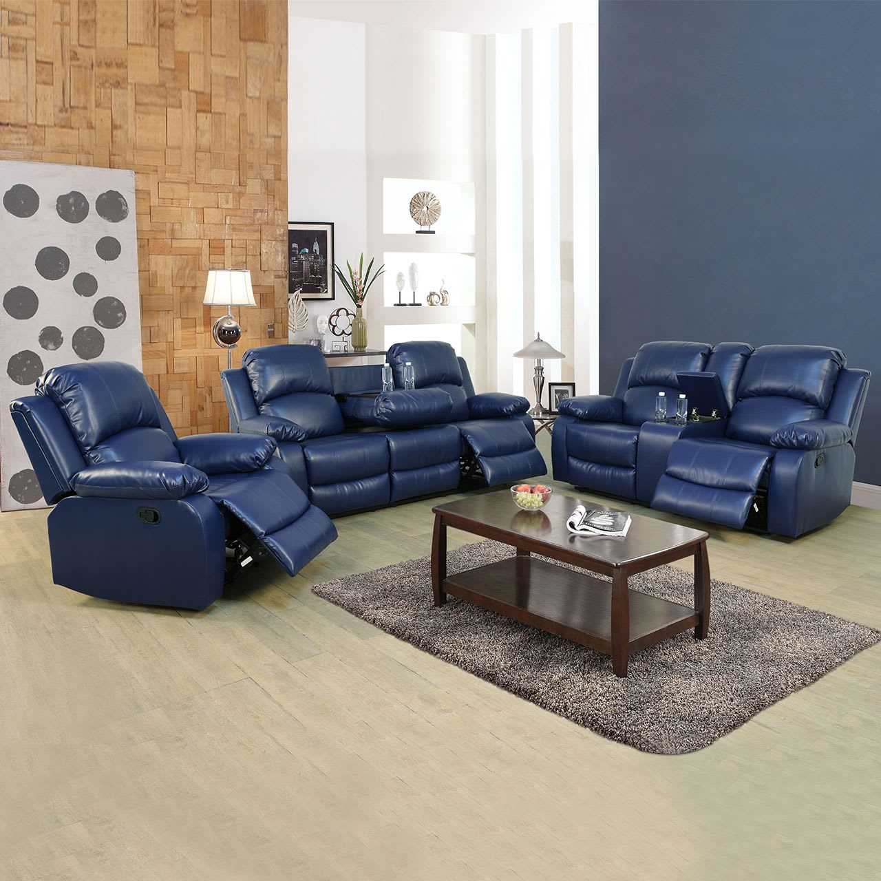 Dark Blue Recycled Leather 3-Piece Couch Living Room Sofa Set