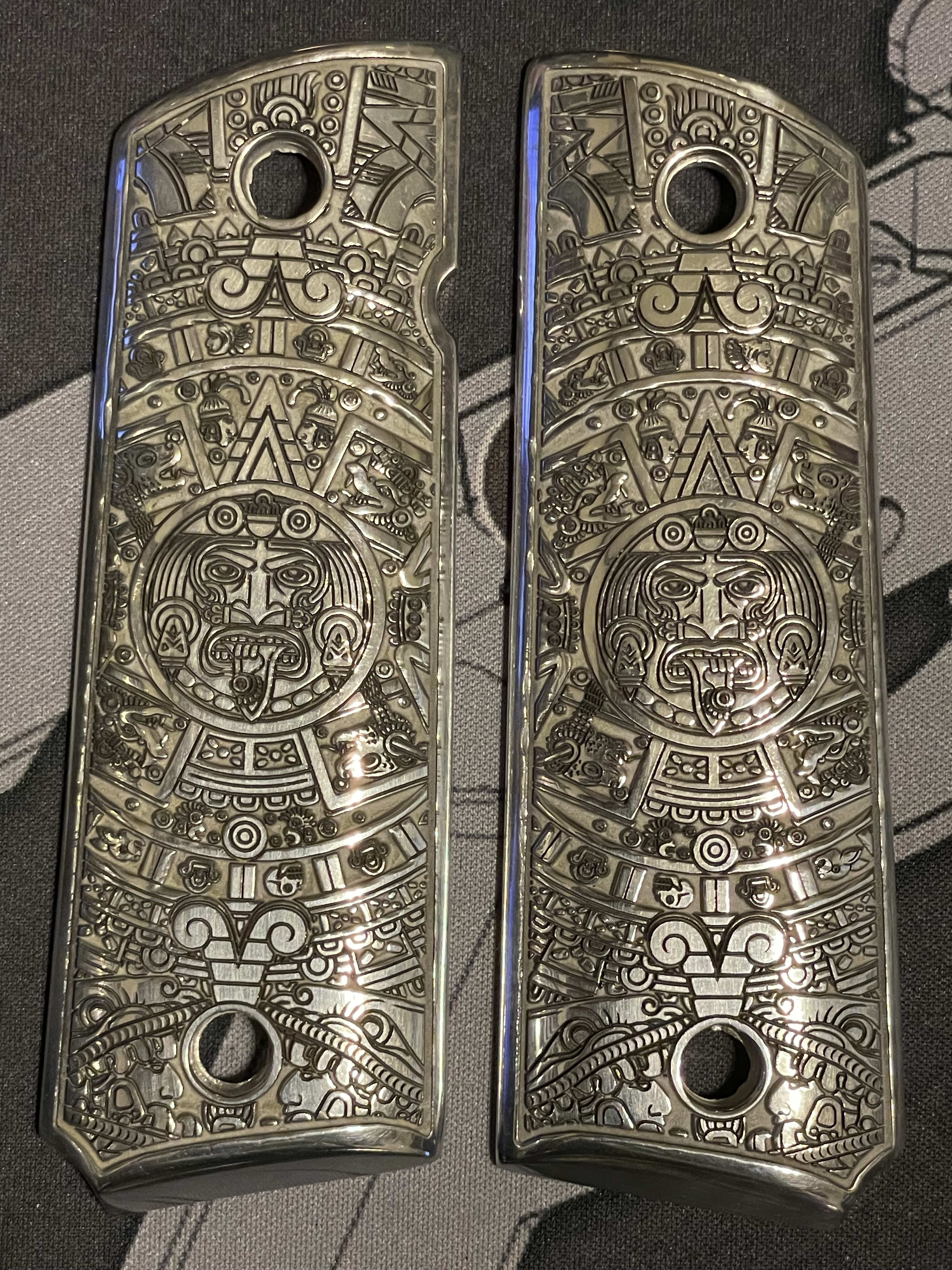 1911 Full Size Custom Engraved Imitation Ivory Grips – Aztec Skull Mexican Design