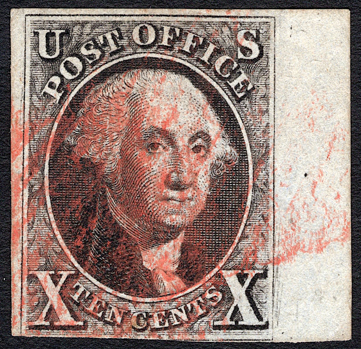 Scott #10 Used Just 4 margin stamp. Tiny margin tear. Fresh with 2024 blue grid cancel. VF US Stamp