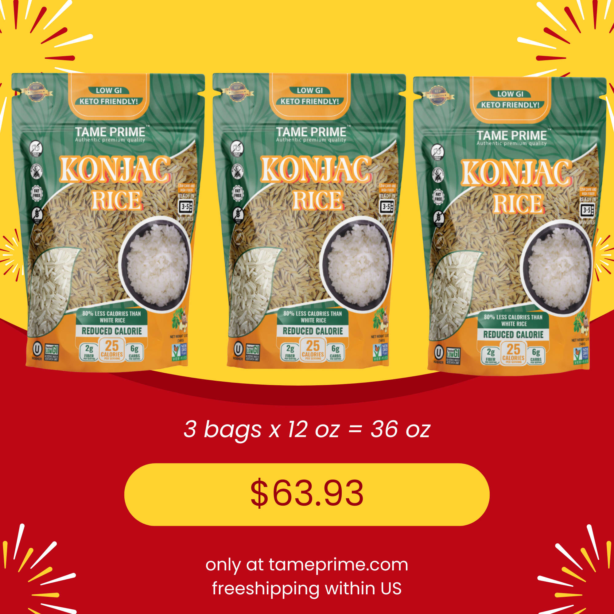 Konjac Rice 3 bags x 12 oz =36 oz Shop Tame Prime Prime Konjac