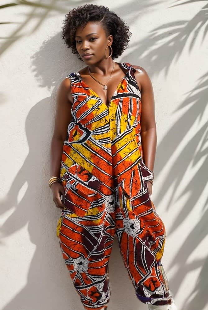 Sola African Print Tie Shoulder Jumpsuit Volcano. Clothing for Queens