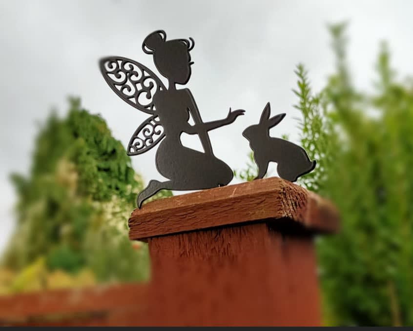 Garden Fence Top Metal Fairy with Bunny Rabbit - Garden Fairies - Metal ...